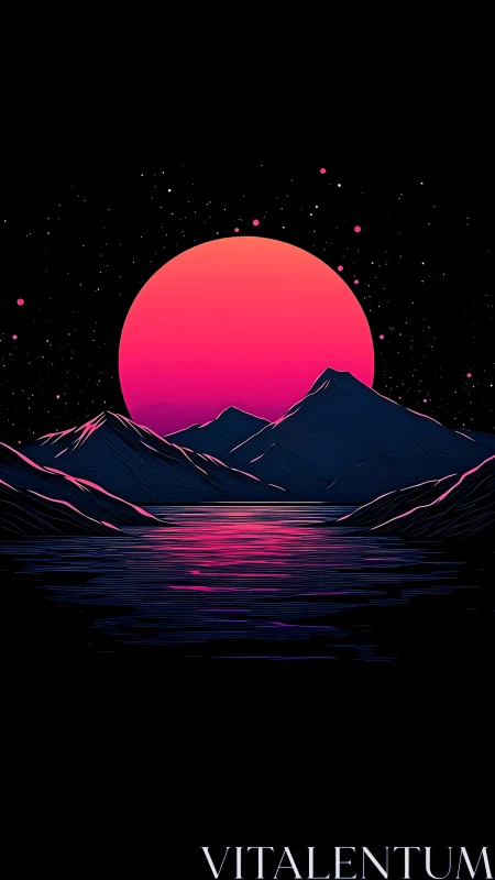 Neon sun descends behind stylized mountains and glowing lake.