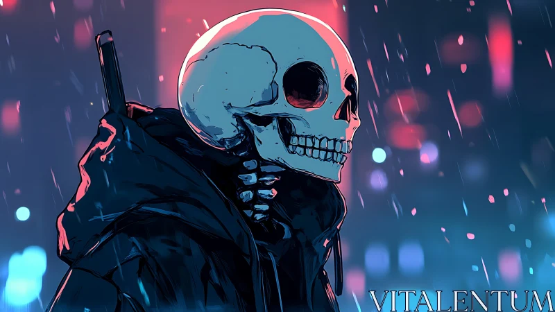 Neon-lit skull figure walks alone through rainy city night.