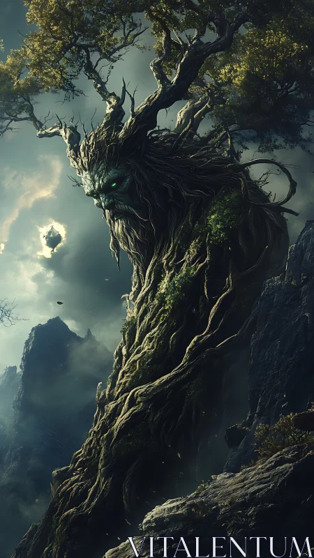 Ancient tree guardian awakens over misty mountain cliffs