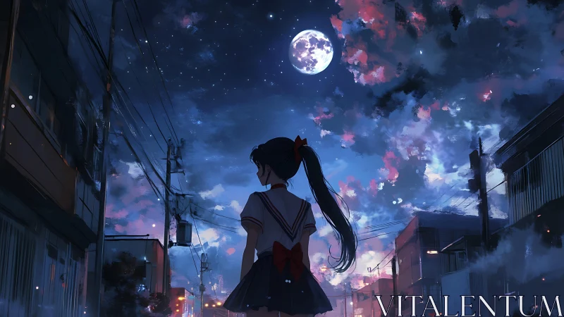 Anime night street scene under luminous moonlit sky.