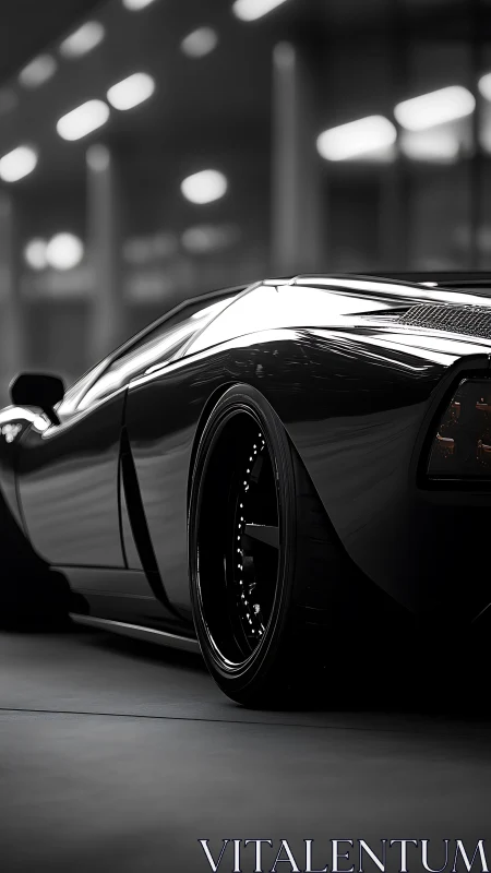 Low-angle view shows rear section of dark sports car