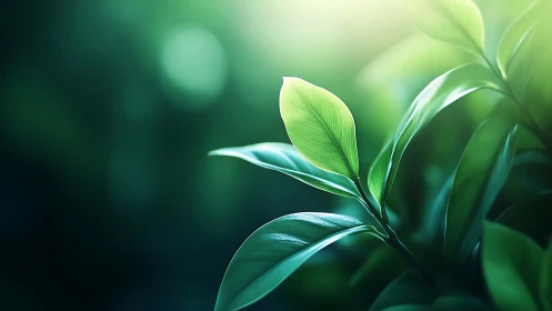 Macro close-up of sunlit green leaf with shallow depth-of-field