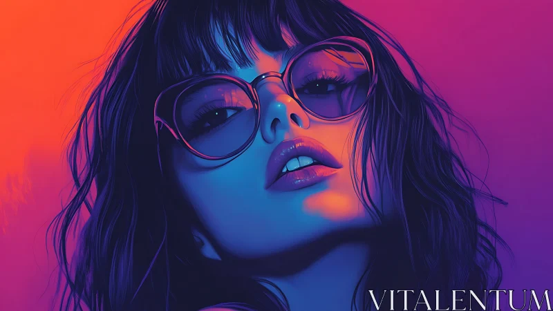 Portrait shows stylized woman in neon gradient lighting