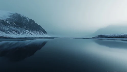 Quiet winter fjord wrapped in soft blue mist and calm water.