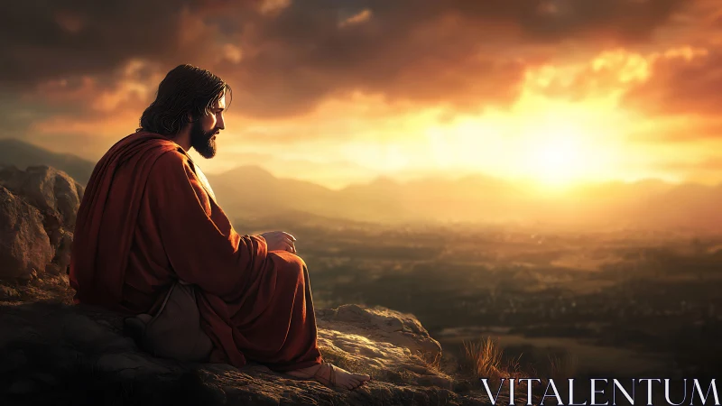 Solitary robed figure contemplates glowing valley sunset