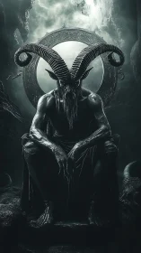 Horned shadow king resting before a silent stone portal.