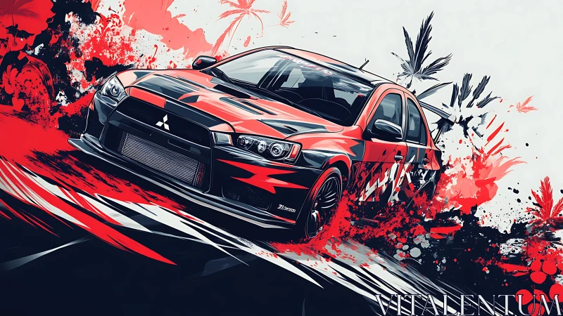 Vector-splattered rally sedan in dynamic lateral drift composition.