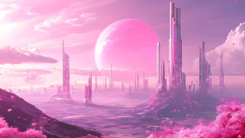 Iridescent magenta megastructures rise under colossal planet