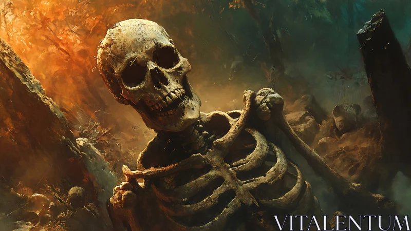 Forensic skeletal remnant in cinematic infernal forest light.