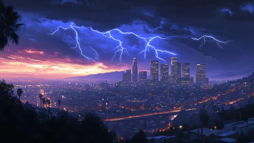 Electrified dusk skyline over dense city grid under storm