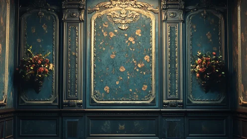 Ornate baroque wall panels with aged teal patina and floral sconces