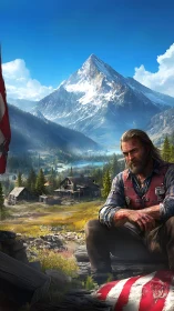 Weathered frontiersman resting before vast alpine wilderness