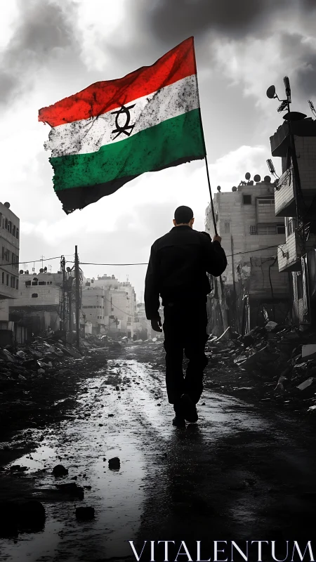 Backlit protester bearing tricolor flag in ruined urban corridor.