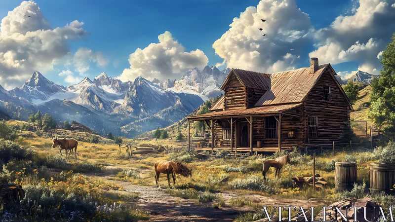 Mountain homestead stands quiet beneath dramatic cloud peaks.