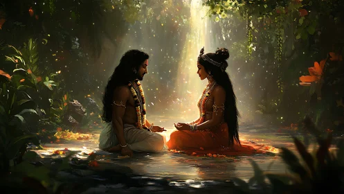 Divine couple meditate in a sunlit rainforest pool of serenity.