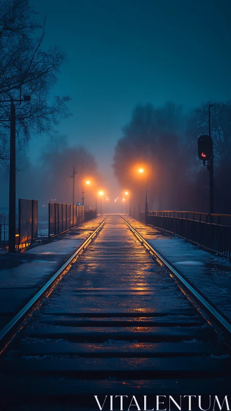 Foggy night railway bridge with glowing streetlights.