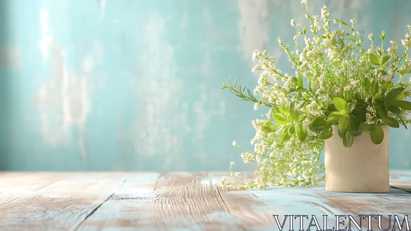 White Flowering Plant in Cream Vase on Whitewashed Wood.