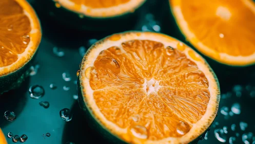 Juicy orange halves glow on dark surface with fresh water drops