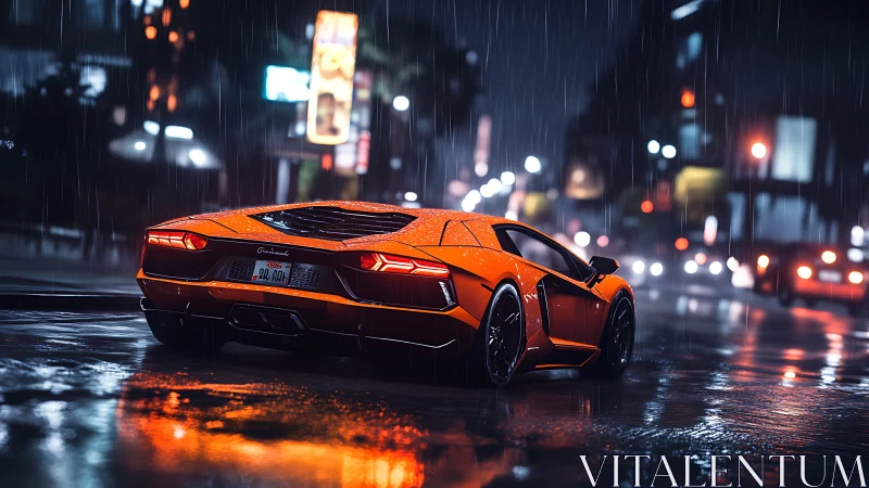 Rain-soaked supercar in neon-lit nocturnal urban transit scene.