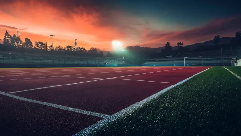 Empty red running track glows under vivid sunset sky