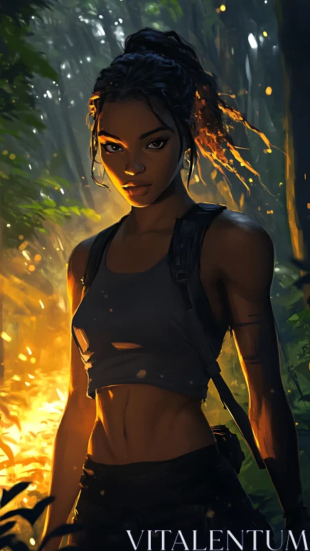 Jungle survivor stands in blazing backlight, eyes unwavering.