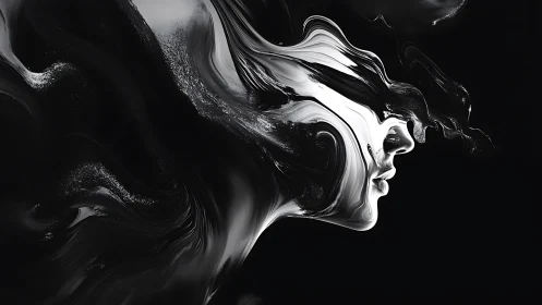 Swirling monochrome face dissolves into fluid abstract motion
