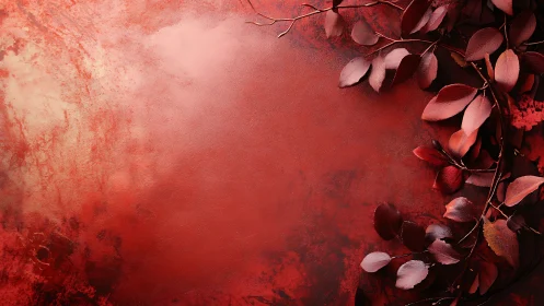 Red textured background with deep burgundy autumn leaves.