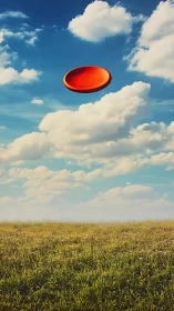 Orange disc levitates in sunlit sky above open grassy field.