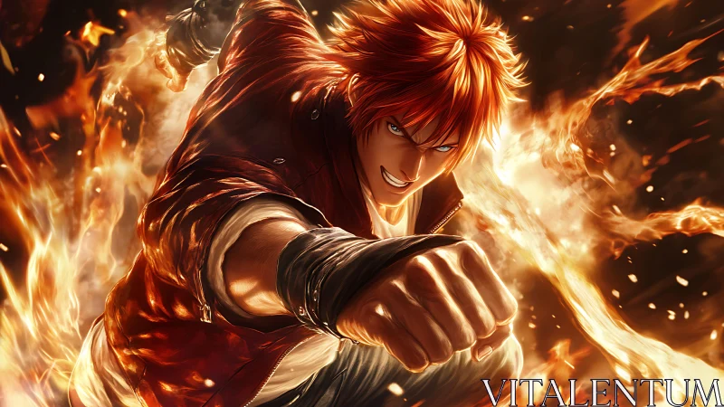 Blazing punch hero charging through a storm of vivid flames.