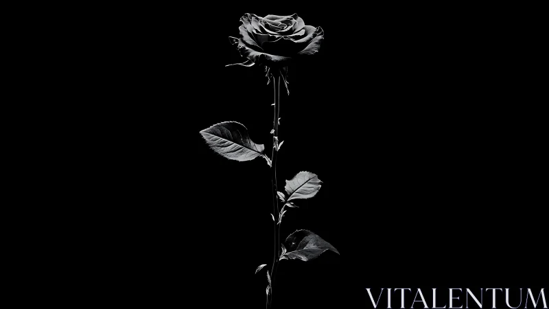 Single monochrome rose stem isolated on dark background.