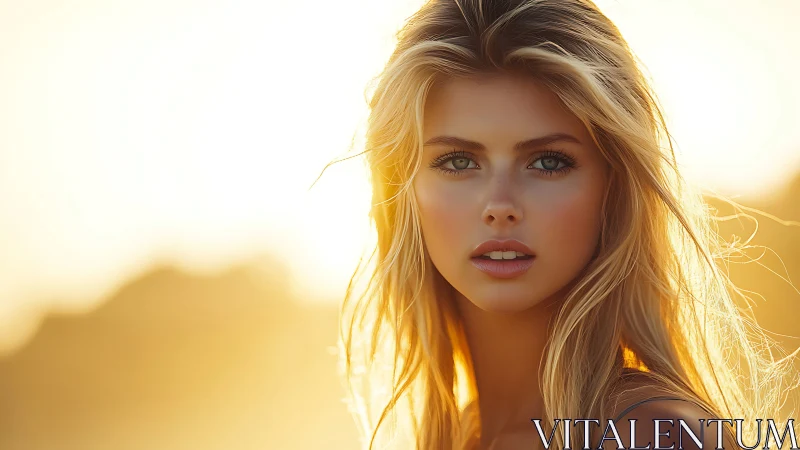 Sunlit portrait of a serene blonde woman at golden hour.