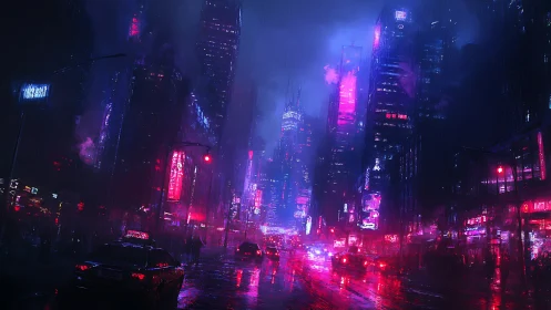 Rain soaked cyberpunk city street with neon traffic at night.