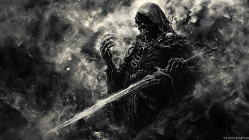 Grim reaper wields spectral sword amid swirling dark mist.
