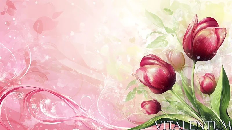 Red tulips with ornamental swirls on gradient pink yellow backdrop.