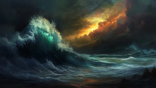 Storm-tossed ocean surges beneath blazing golden sky.