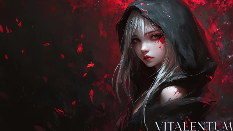 Shrouded silver‑haired girl amid crimson falling embers.