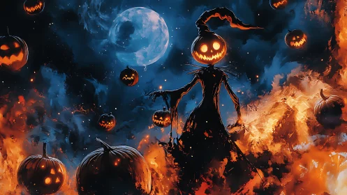 Moonlit pumpkin warlock strides through swirling Halloween fire.