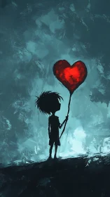 Silhouette holding glowing red heart balloon against stormy sky.