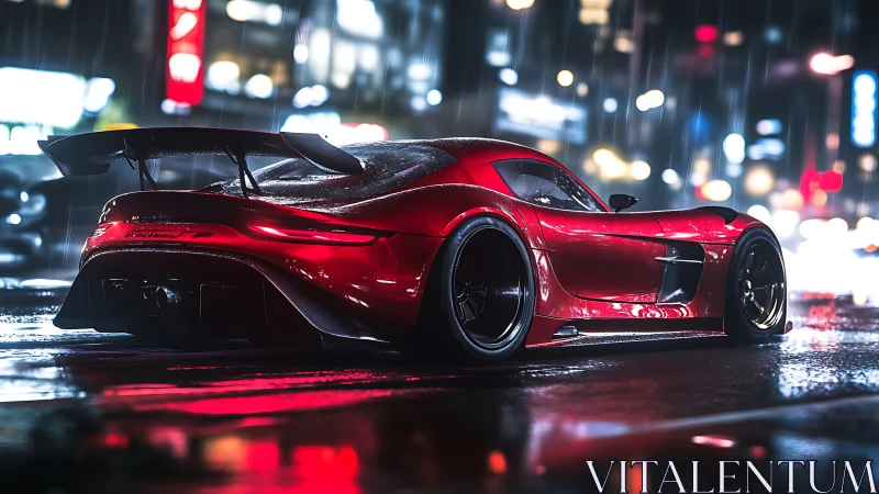 Red supercar under neon rain in cinematic city street.