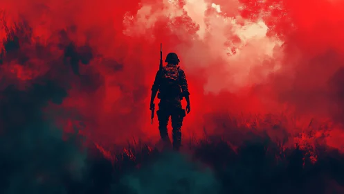 Digital painting of lone soldier in cinematic red battlefield fog.
