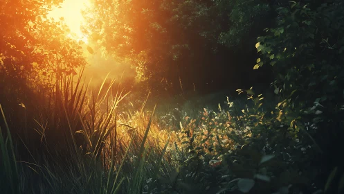 Sunlit wild meadow with cinematic volumetric backlight glow.