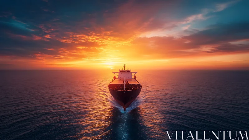 Sunbound cargo giant carving a molten path at sea.