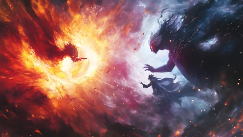 Elemental titans clash within swirling fire and shadow void