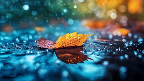Golden autumn leaf rests on wet reflective pavement surface