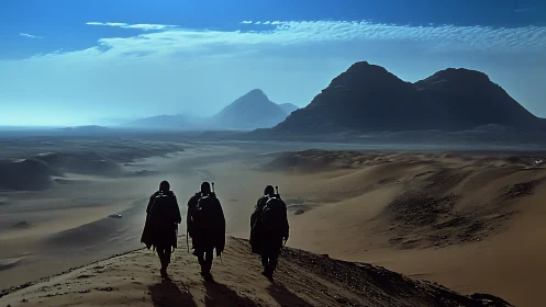 Desert travelers cross vast dunes toward distant blue mountains