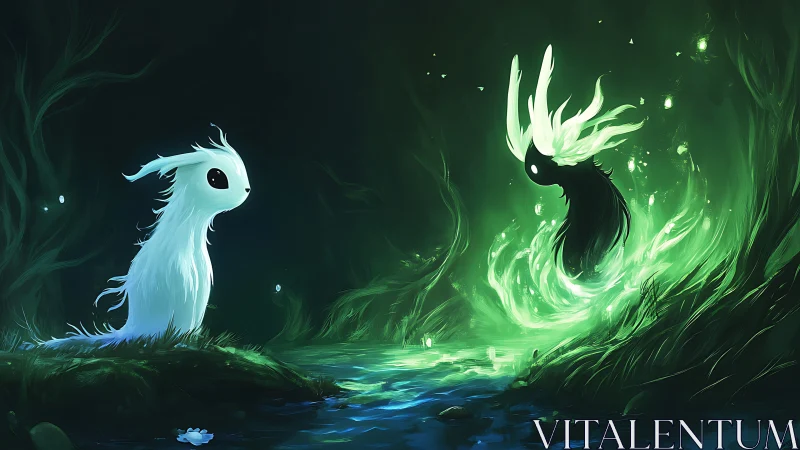 Bioluminescent forest spirits in chromatic energy convergence.