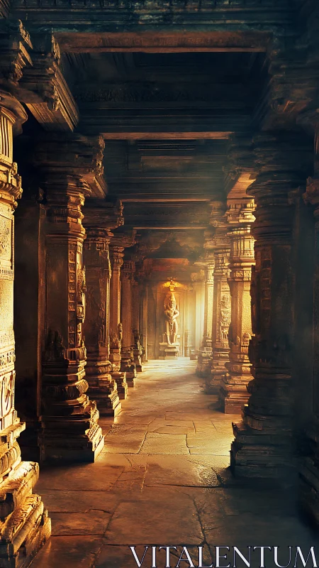Sunlit stone corridor leads toward distant temple statue.