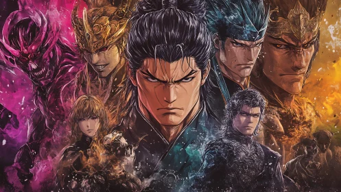 Central armored figure surrounded by multiple stylized warriors