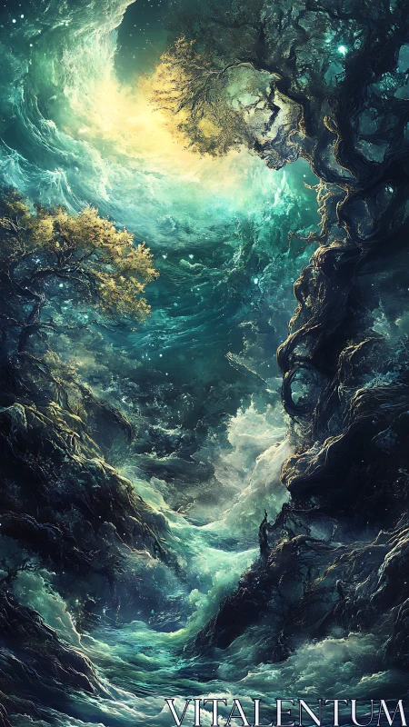 Turbulent luminous vortex intertwines oceanic waves and gnarled trees