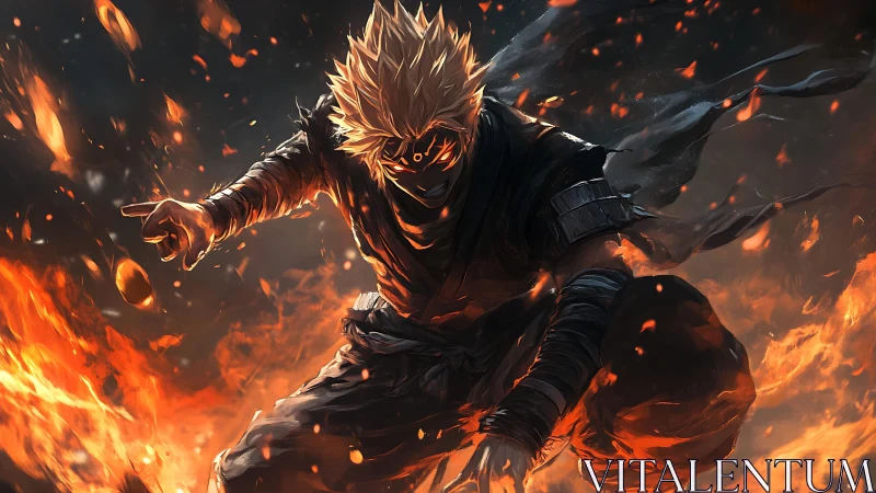 Fiery masked warrior unleashes power amid swirling embers.